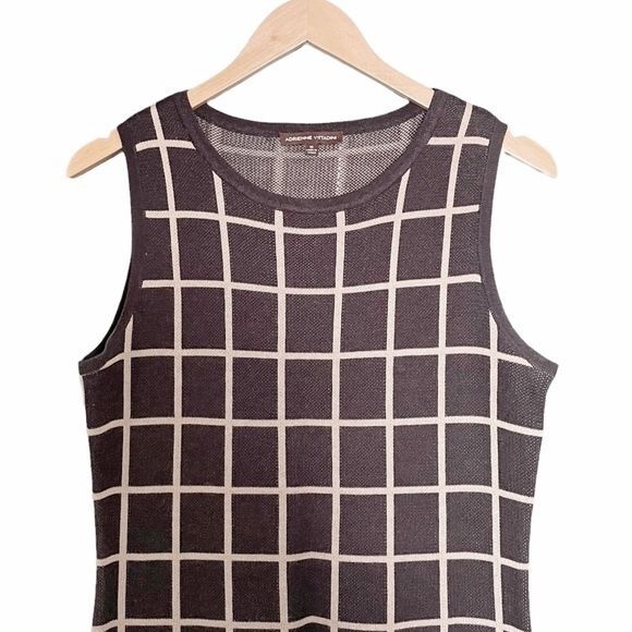 Adrienne Vittadini Sweater Knit Dress Gray Cream Windowpane Plaid Size Medium - Picture 4 of 11